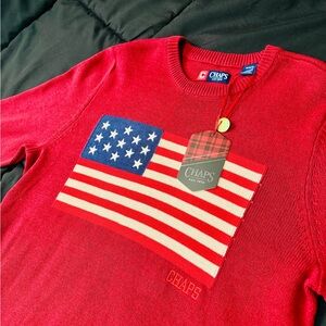 Chaps Men's Vibrant Red Crewneck Sweater with Flag Design